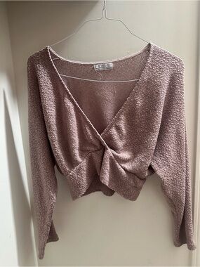 Urban Outfitters BDG Dusty Rose Bouclé Twist Front Cropped Sweater